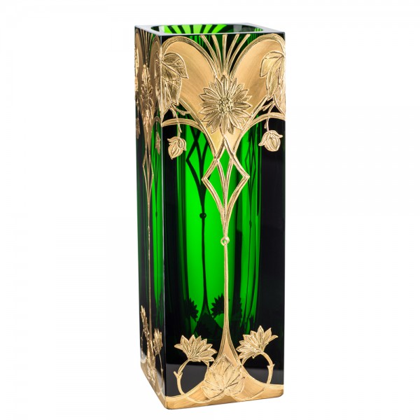 exklusive viereckige Vase in mit reicher Goldmalerei. Designvase von OertelCrystal