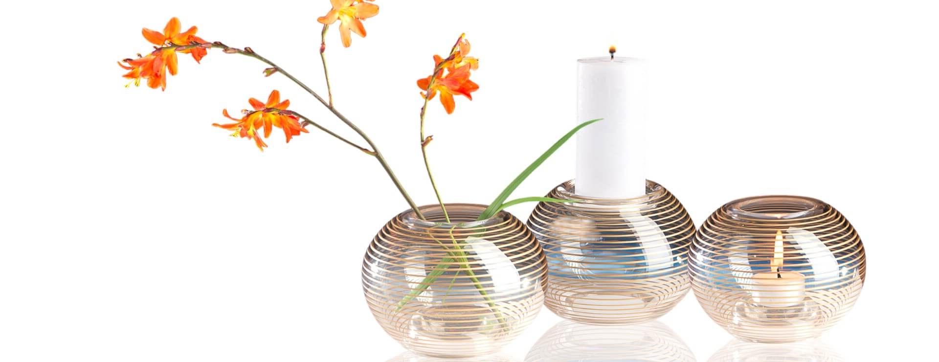 Vase, Teelicht und Kerzenhalter Aurora mit Golddekoration von OertelCrystal
